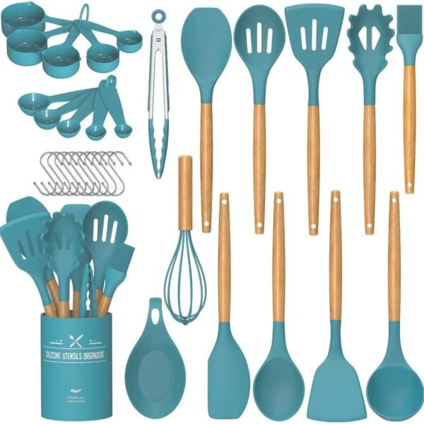 Kitchen Cooking Utensils Set, 33 pcs Non-Stick Silicone Cooking Kitchen Utensils Spatula Set with Holder, Wooden Handle Silicone Kitchen Gadgets Utensil Set (Khaki)