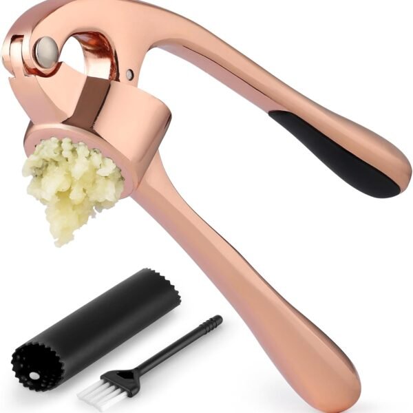 Premium Garlic Press Set - Rust Proof & Dishwasher Safe Professional Garlic Mincer Tool - Easy-Squeeze, Easy-Clean with Soft, Ergonomic Handle - Silicone Garlic Peeler & Brush (Silver)