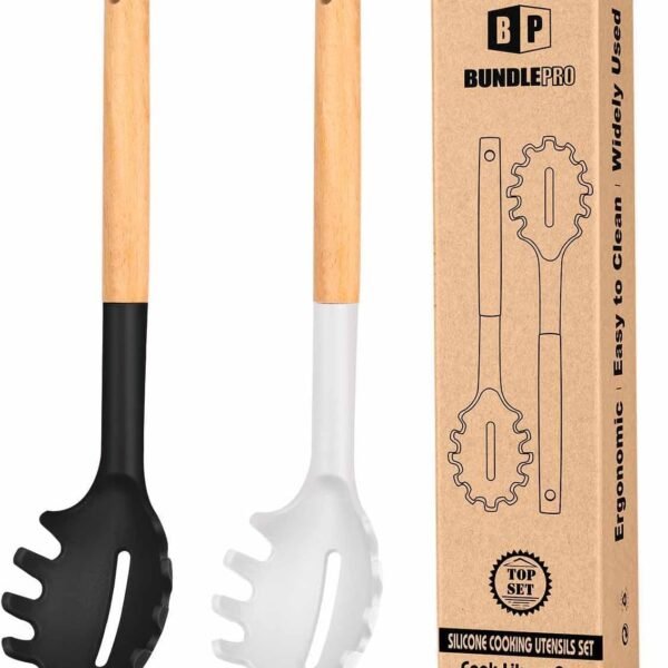 Pack of 2 Spaghetti Spoon, Silicone Pasta Fork with Wooden Handle, Heat Resistant Noodle Spoon Server, BPA Free Spaghetti Strainer(BLACK-WHITE)