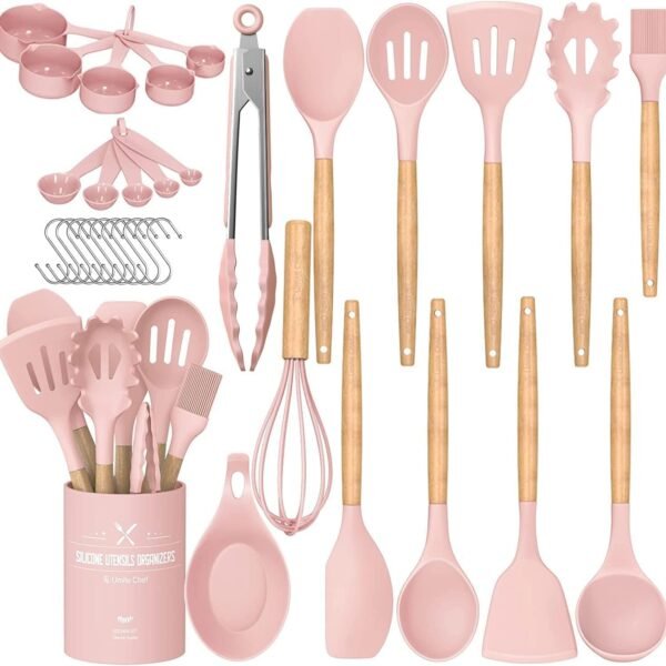 Kitchen Cooking Utensils Set, 33 pcs Non-Stick Silicone Cooking Kitchen Utensils Spatula Set with Holder, Wooden Handle Silicone Kitchen Gadgets Utensil Set (Khaki)
