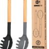 Pack of 2 Spaghetti Spoon, Silicone Pasta Fork with Wooden Handle, Heat Resistant Noodle Spoon Server, BPA Free Spaghetti Strainer(BLACK-WHITE)