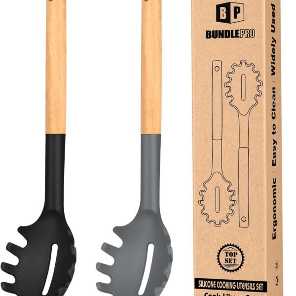 Pack of 2 Spaghetti Spoon, Silicone Pasta Fork with Wooden Handle, Heat Resistant Noodle Spoon Server, BPA Free Spaghetti Strainer(BLACK-WHITE)
