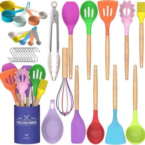 Kitchen Cooking Utensils Set, 33 pcs Non-Stick Silicone Cooking Kitchen Utensils Spatula Set with Holder, Wooden Handle Silicone Kitchen Gadgets Utensil Set (Khaki)