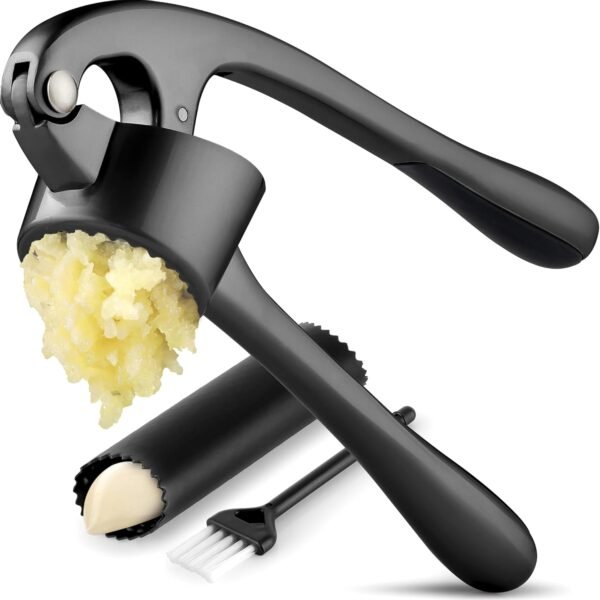 Premium Garlic Press Set - Rust Proof & Dishwasher Safe Professional Garlic Mincer Tool - Easy-Squeeze, Easy-Clean with Soft, Ergonomic Handle - Silicone Garlic Peeler & Brush (Silver)