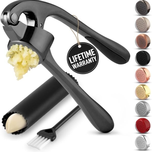Premium Garlic Press Set - Rust Proof & Dishwasher Safe Professional Garlic Mincer Tool - Easy-Squeeze, Easy-Clean with Soft, Ergonomic Handle - Silicone Garlic Peeler & Brush (Silver)