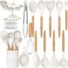 Kitchen Cooking Utensils Set, 33 pcs Non-Stick Silicone Cooking Kitchen Utensils Spatula Set with Holder, Wooden Handle Silicone Kitchen Gadgets Utensil Set (Khaki)