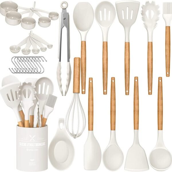 Kitchen Cooking Utensils Set, 33 pcs Non-Stick Silicone Cooking Kitchen Utensils Spatula Set with Holder, Wooden Handle Silicone Kitchen Gadgets Utensil Set (Khaki)