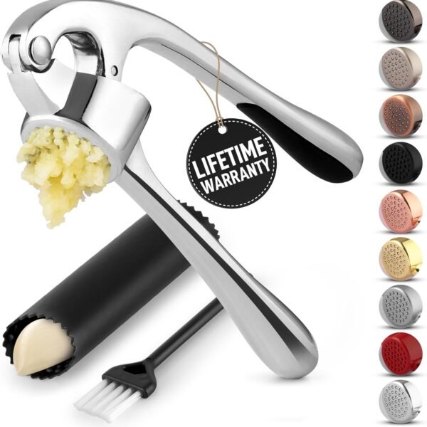 Premium Garlic Press Set - Rust Proof & Dishwasher Safe Professional Garlic Mincer Tool - Easy-Squeeze, Easy-Clean with Soft, Ergonomic Handle - Silicone Garlic Peeler & Brush (Silver)