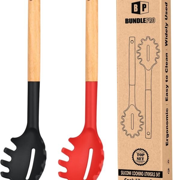 Pack of 2 Spaghetti Spoon, Silicone Pasta Fork with Wooden Handle, Heat Resistant Noodle Spoon Server, BPA Free Spaghetti Strainer(BLACK-WHITE)