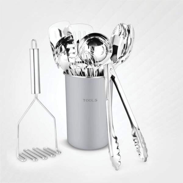 ? Premium Set of 10 Stainless Steel (GREY HOLDER) Kitchen Tool Set with Holder Easy To Clean, Space Saving, Great for Cooking, Baking, Prepping (GREY)