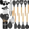Kitchen Cooking Utensils Set, 33 pcs Non-Stick Silicone Cooking Kitchen Utensils Spatula Set with Holder, Wooden Handle Silicone Kitchen Gadgets Utensil Set (Khaki)