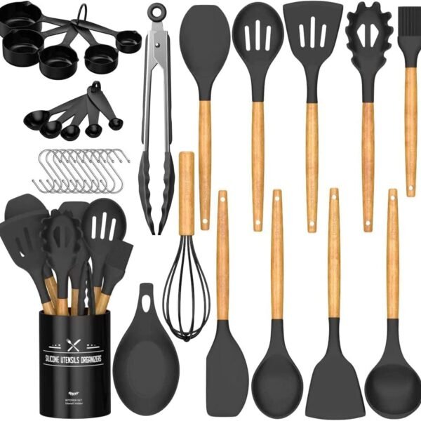 Kitchen Cooking Utensils Set, 33 pcs Non-Stick Silicone Cooking Kitchen Utensils Spatula Set with Holder, Wooden Handle Silicone Kitchen Gadgets Utensil Set (Khaki)